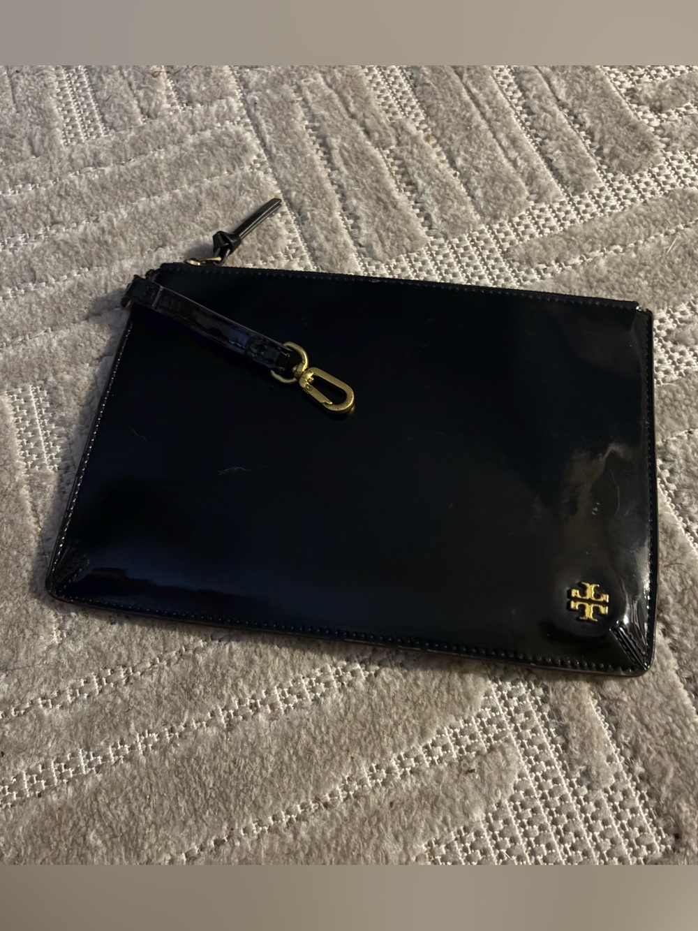 Tory Burch Black Patent Leather Wristlet with Gold Logo